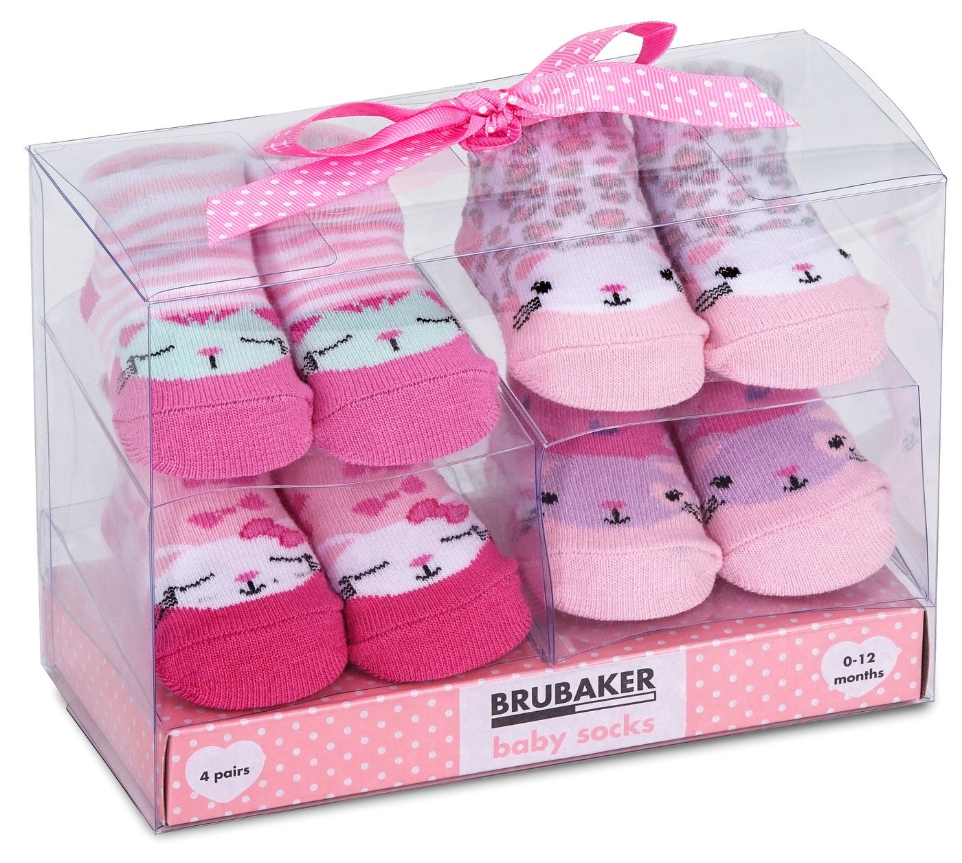 BRUBAKER Socken Babysocken für Mädchen 0-12 Monate (4-Paar, Baumwollsocken mit Katzen Motiven Pink/Rosa) Baby Geschenkset für Neugeborene in Geschenkverpackung mit Schleife von BRUBAKER