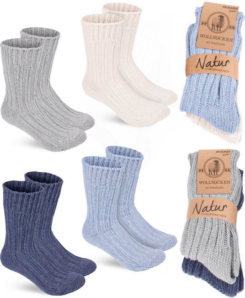 BRUBAKER Socken Wollsocken Set - Warme Wintersocken für Damen und Herren (4-Paar, Winter Stricksocken) Flauschiges Thermosocken Set mit Schafwolle von BRUBAKER