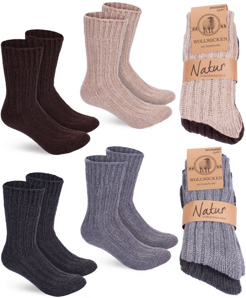 BRUBAKER Socken Wollsocken Set - Warme Wintersocken für Damen und Herren (4-Paar, Winter Stricksocken) Flauschiges Thermosocken Set mit Schafwolle von BRUBAKER