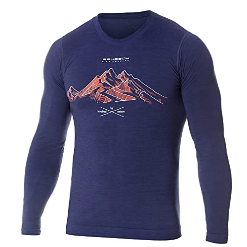 BRUBECK Wandershirt Herren - 27% Merino Trekkingshirt Langarm - Langarmshirt Wandern Männer - Mens Long Sleeve Shirt - Funktionsshirt atmungsaktiv nahtlos - Gr.L, Marineblau - Berge - LS14140A von BRUBECK