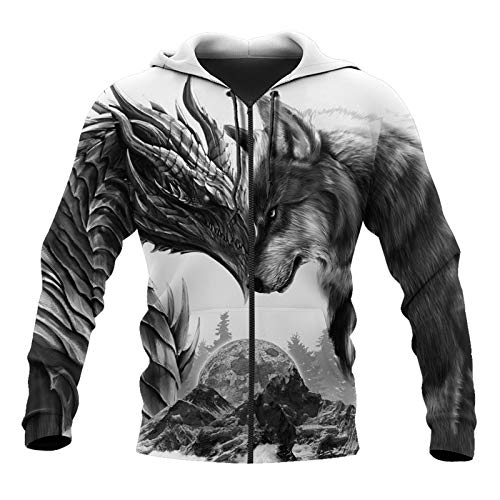 BSDASH Tattoos Dragon and Wolf 3D All Over Printed Men Hoodies Sweatshirt Unisex Streetwear Zipper Pullover Jacke Gr. L, Zip Hoodies von BSDASH