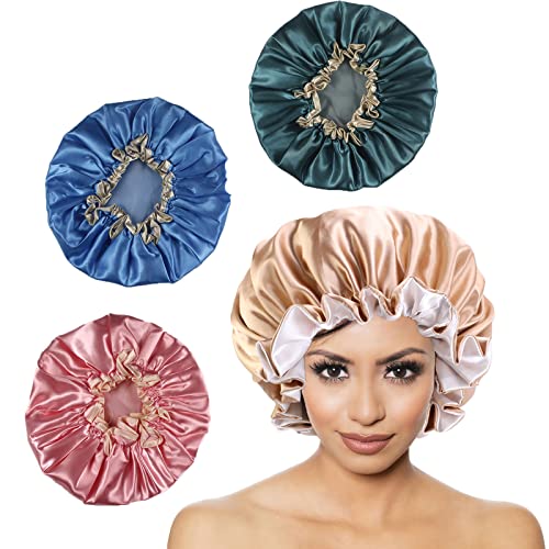 BSITSSS 4 Stücke Duschhaube, Duschhaube Damen Shower Cap, Haarhaube für Hie Nacht Duschhauben Haarhaube Wiederverwendbar, Waschbar, Doppellagige Satin Bonnet(Rosa, Gold, Grün, Blau) von BSITSSS