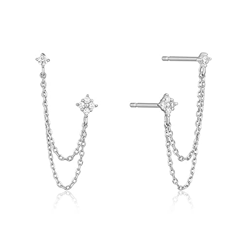 BSLVWG Dangling Earrings,4 Prong CZ Runde Stud mit Kette Manschette S925 Sterling Silber Ohrringe für Frauen Mädchen Knorpel Doppel Piercing Löcher Minimalist Climber Crawler Hypoallergenic(Silber) von BSLVWG