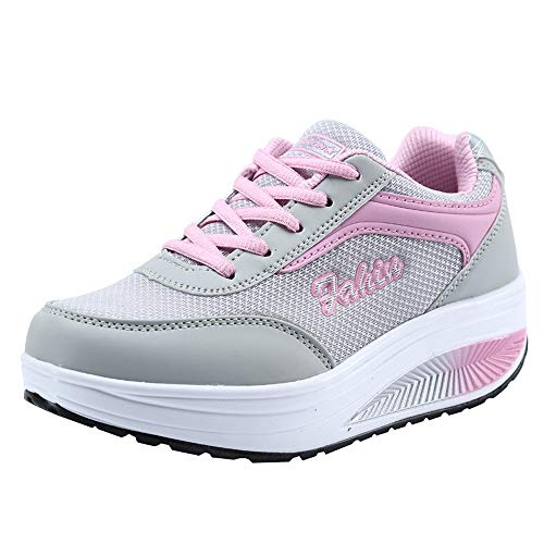 BSWFA Damen Schuhe mit Höhenerhöhende weiche Sohle Turnschuhe Sneaker Mesh Sportschuhe Leichte Laufschuhe Hallenschuhe Atmungsaktiv Walkingschuhe Indoor Fitnessschuhe Joggingschuhe (Pink, 35) von BSWFA