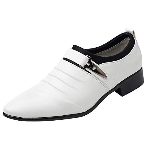 BSWFA Herren Modische Atmungsaktiv Lederschuhe Farbe Einfacher Spitzer Zehe Loafers Schuhe zum Autofahren Klassische Schlupfschuhe Slipper Flach WeichLeicht Freizeitschuhe Schlupfschuhe (White, 40) von BSWFA