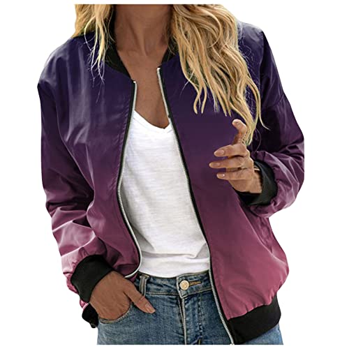 Leichte Strickjacke Damen Sommer, Bomberjacke Ladies Light Bomber Jacket Leichte Fliegerjacke Blouson Pilotenjacke Kurzjacke Damenjacke Herbst Frühling College Jacke Trainingsjacke Damen Z01H-Lila XXL von BSWFA