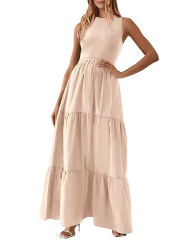 BTFBM Ärmelloses Sommerkleid für Damen, Maxikleider für Hochzeitsgäste, geripptes Strickoberteil und Polyesterrock mit Taschen, Farbe: Beige, Groß von BTFBM