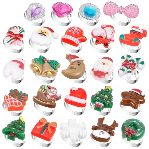 BTHRORO 24 Stück Weihnachten Ringe für Kinder, Niedliche Weihnachtsbaum Santa Elch Verstellbar Ring Festliche Fingerringe Kinder Schmuck Set für Weihnachtsthema Party Favors Rollenspiel Verkleiden von BTHRORO