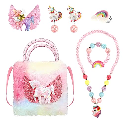 BTHRORO Einhorn Handtaschen Schmuckset für Mädchen, Plüsch Unicorn Umhängetaschen Halskette Armband Ohrringe Ring Haarspangen Set Prinzessin Schmuckset Party Rollenspiel Geburtstags Geschenk von BTHRORO