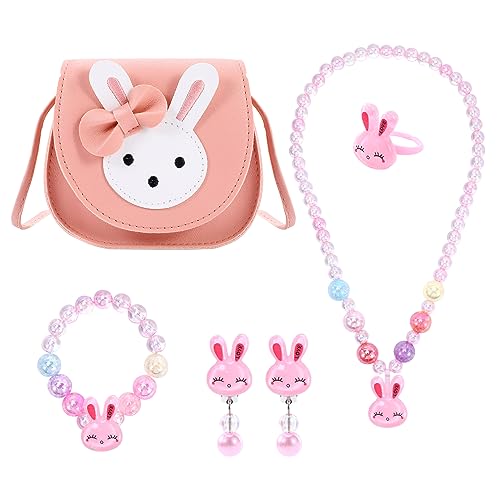 BTHRORO Handtasche Schmuckset für Mädchen, Kaninchen Kinderschmuck Halskette Armband Ring und Ohrring, Prinzessin Schmuckset für Kinder Ankleiden Geburtstag Geschenk von BTHRORO