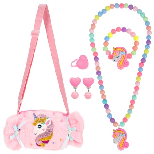 BTHRORO Plüsch Handtasche Mädchen Schmuck, Einhorn Halskette Armband Ohrring Ring Prinzessin Umhängetaschen Schmuckset Partygeschenke Verkleiden Einhorn Geschenke für Mädchen Kleinkind von BTHRORO