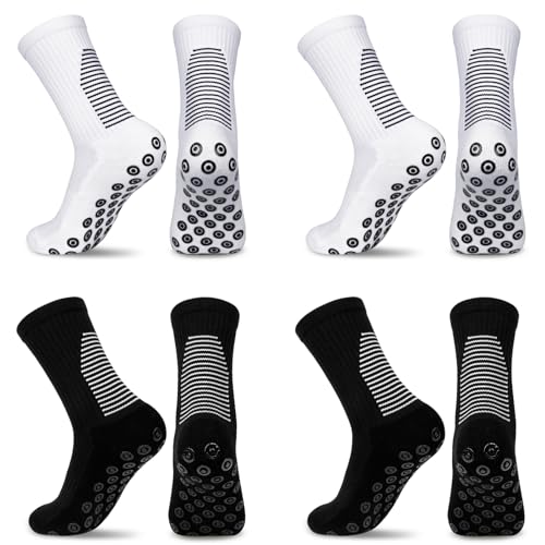 BTNEEU 4 Paar Grip Socken Fussball 38-46 Anti Rutsch Fußballsocken für Herren Damen Atmungsaktiv Rutschfeste Sportsocken Fußball Socken Männer für Basketball Laufen Radfahren (Schwarz+Weiß-4pc) von BTNEEU