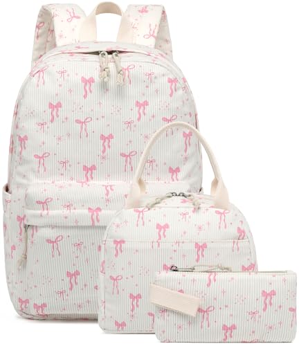 BTOOP Schulrucksack für Mädchen, Kinder, Teenager, niedliches Schul-Büchertaschen-Set mit isolierter Lunchbox, Federmäppchen, Schulanfang, Schüler im Alter von 6–12 Jahren, A-Pink Schleife, Niedlich BTOOP Schulrucksack für Mädchen, Kinder, Teenager, niedliches Schul-Büchertaschen-Set mit isolierter Lunchbox, Federmäppchen, Schulanfang, Schüler im Alter von 6–12 Jahren, A-Pink Schleife, Niedlich von BTOOP