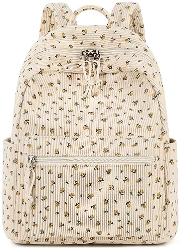 Mini-Rucksack für Damen und Mädchen, wasserabweisend, kleiner Rucksack, Geldbörse, Schultertasche für Damen, Erwachsene, Kinder, Schule, Reisen, Cord-Beige mit Blumenmuster, Small von BTOOP