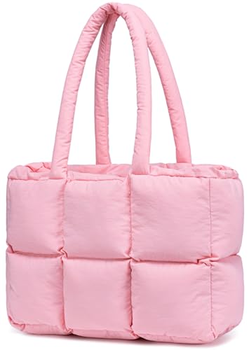 Puffer-Tragetasche, gesteppte Puffy-Geldbörse, niedliche gepolsterte Winter-Schultertaschen, leichte Daunenhandtasche für Damen, Arbeit, Reisen, Helles Pink von BTOOP