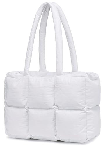 Puffer-Tragetasche, gesteppte Puffy-Geldbörse, niedliche gepolsterte Winter-Schultertaschen, leichte Daunenhandtasche für Damen, Arbeit, Reisen, Weiss/opulenter Garten von BTOOP