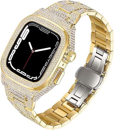 BUDAY Diamant-Uhrengehäuse, Metall-Uhrenarmband, für Apple Watch 9, 8, 7, Damen, Mädchen, modisches Business-Band-Etui, Mod-Kit, für iWatch 44 mm, 45 mm, Ersatzzubehör, 49 mm, Achat von BUDAY