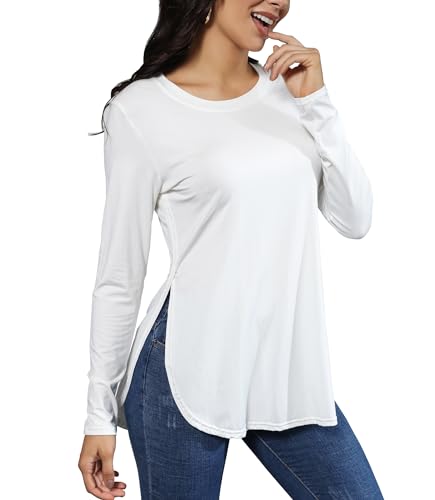 BUENOS NINOS Damen-T-Shirt, lässig, Basic, Rundhalsausschnitt, kurz/langärmelig, Tunika-T-Shirt, Tops mit seitlichem Schlitz, A-weiß, Klein von BUENOS NINOS