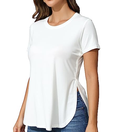 BUENOS NINOS Damen-T-Shirt, lässig, Basic, Rundhalsausschnitt, kurz/langärmelig, Tunika-T-Shirt, Tops mit seitlichem Schlitz, Weiss/opulenter Garten, Mittel von BUENOS NINOS