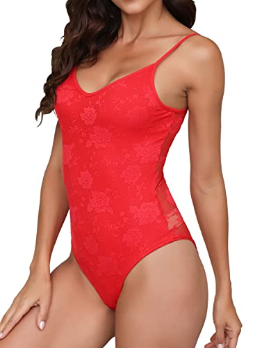 BUENOS NINOS Spitzen-Body für Damen, verstellbarer Schultergurt, ärmellos, Oberteil mit V-Ausschnitt, Rückenspitze, Overall, Tops, Rot/Ausflug, einfarbig (Getaway Solids), M von BUENOS NINOS