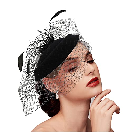 BUENTYA Fascinator Hut Vintage Schleier Hut 1950er Hochzeitshut Pillbox Hüte Feder Mesh Gesichtsschleier Hut Tea Party Kopfbedeckung Hochzeit Fascinator für Mädchen Frauen Schwarz von BUENTYA