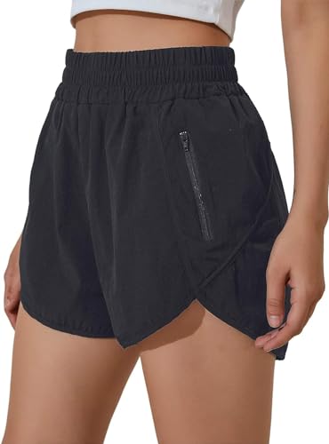 BUHIM Shorts Damen Sport Shorts Sommer Kurze Hose Sporthose Kurz 2 in 1 Laufhose Fitness Jogging Gym Laufshorts Elastisch Schnelltrocknend High Waist Running Shorts mit Tasche (Schwarz, L) von BUHIM