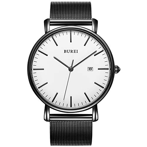 BUREI Herren Uhren Schwarze Minimalistische Ultra Dünne Quartz Analog Datum Edelstahl Mesh Band 41MM von BUREI