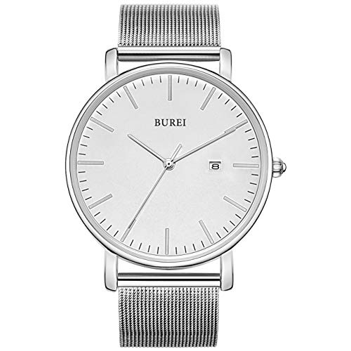 BUREI Stilvolle Minimalistische Ultra Slim Herren Uhr Weiß Datum Großes Gesicht Armbanduhr mit Edelstahlband von BUREI