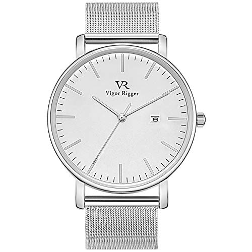 BUREI Vigor Rigger Unisex-Uhr Ultradünne minimalistische Herrenuhren Datumsanzeige Herren-Armbanduhr mit einfachem großem Gesicht und Silber Edelstahlband von BUREI