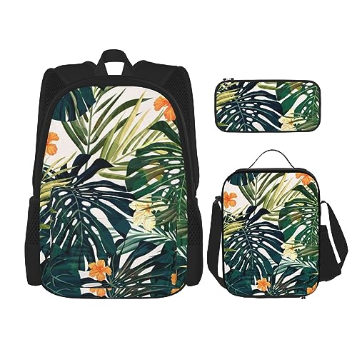3-teiliges Set mit Regenbogen-Hintergrund aus Holz + Stifteetui + Lunch-Tasche, Tropische Sommer-Hawaii-Blume, Palmenblätter, Einheitsgröße von BUULOO