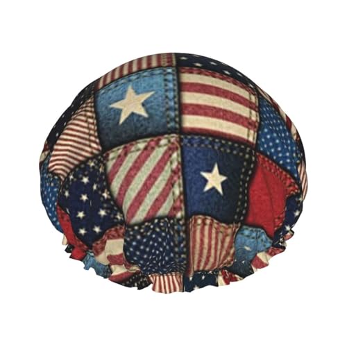 Amerikanische Flagge, Patchwork-Duschhaube mit elastischer, wasserdichter Duschhaube, doppellagig, wiederverwendbar, Ohrenschützer für Männer, Frauen und Frauen von BUULOO