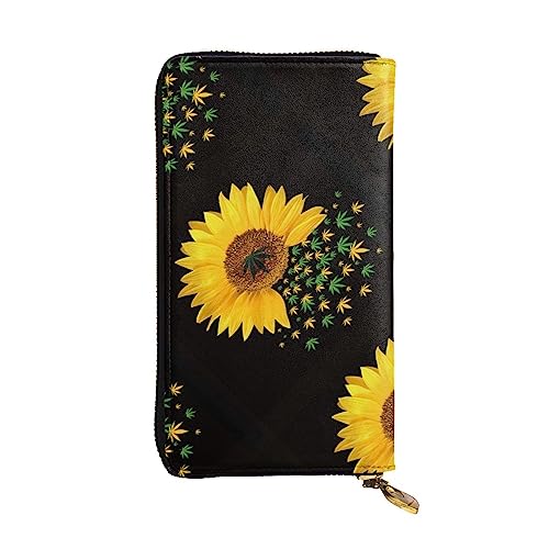 Echtes Leder Lange große Kapazität Herren und Damen Unkraut mit Sonnenblume Reißverschluss Geldbörsen Kann als Geschenke, Kartenetui, Clutches, Einteilige polierte Oberfläche, Mehrfarbig Druckmuster, Unkraut mit Sonnenblume, Einheitsgröße von BUULOO