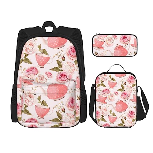 Galaxy Schulranzen + Stifteetui + Lunchtasche Combo 3-teiliges Set Combo, Teebecher mit Rosen Romantisch Shabby, Einheitsgröße von BUULOO