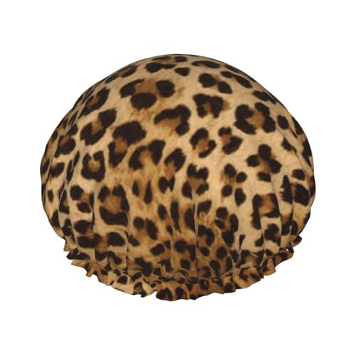 Niedliche Leoparden-Duschhaube mit elastischer, wasserdichter Duschhaube, doppellagig, wiederverwendbar, Ohrenschützer für Männer, Frauen und Frauen. von BUULOO