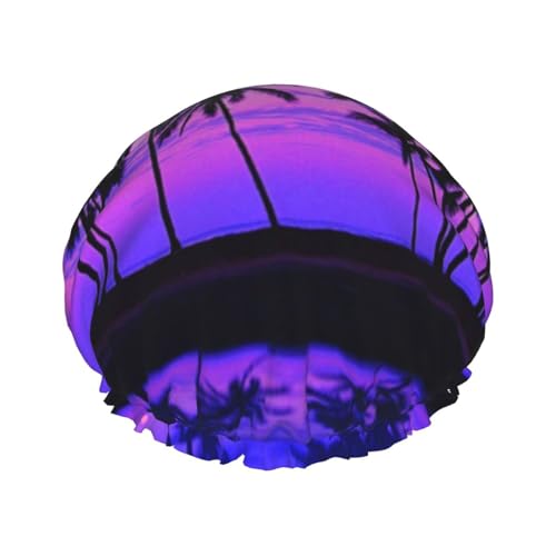 Palm Tree Purple Sunset Shower Cap With Elasticated, Waterproof Shower Cap Double-Layered Reusable, Ear Muffs For Men, Women Women. von BUULOO