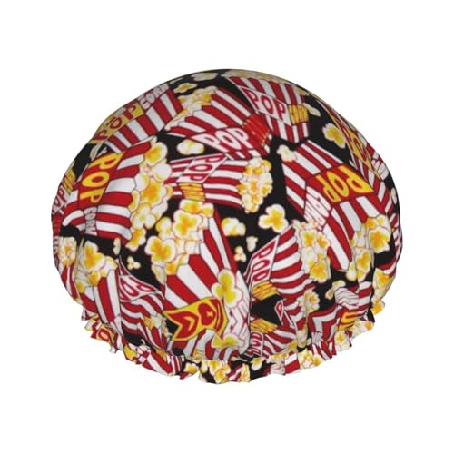 Popcorn-Druck-Duschhaube mit elastischer, wasserdichter Duschhaube, doppellagig, wiederverwendbar, Ohrenschützer für Männer, Frauen, Frauen von BUULOO