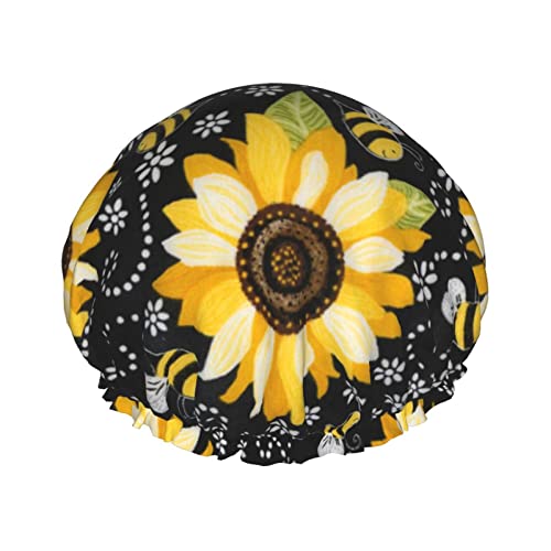 Sonnenblumenbienen Duschhaube mit elastischer, wasserdichter Duschhaube, doppellagig, wiederverwendbar, Ohrenschützer für Männer, Frauen und Frauen von BUULOO