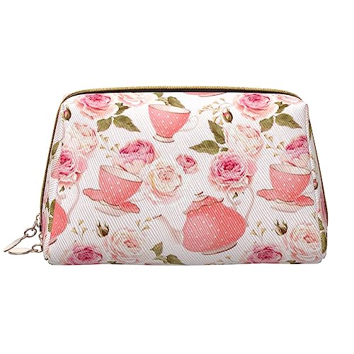 Tragbare grüne Sukkulenten-Make-up-Tasche aus Leder, große Kapazität, Reise-Make-up-Tasche, Kulturbeutel, Reise-Organizer, tragbare Make-up-Tasche., Teebecher mit Rosen Romantisch Shabby, Einheitsgröße von BUULOO