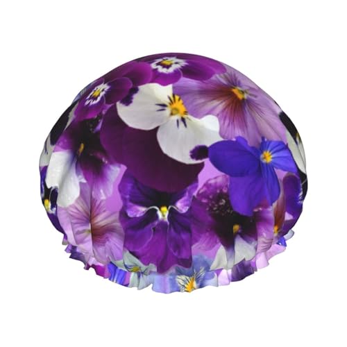 Violette Blumen-Duschhaube mit elastischer, wasserdichter Duschhaube, doppellagig, wiederverwendbar, Ohrenschützer für Männer, Frauen und Frauen. von BUULOO