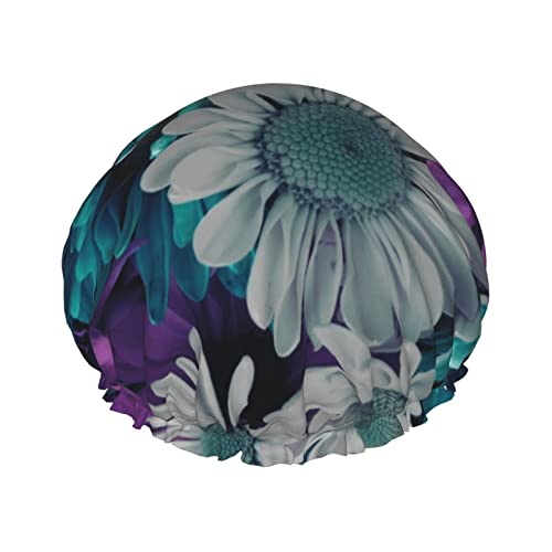 Violette und blaugrüne Blumen Duschhaube mit elastischer, wasserdichter Duschhaube, doppellagig, wiederverwendbar, Ohrenschützer für Männer, Frauen und Frauen. von BUULOO