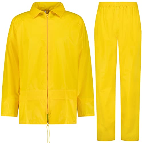 BWOLF HIMALAYA Herren Regenanzug Langarm wasserdicht mit Elastischer Taille Kapuzenjacke Anzug Regenbekleidung Regenjacke + Regenhose 2 Taschen (Gelb, L) von BWOLF