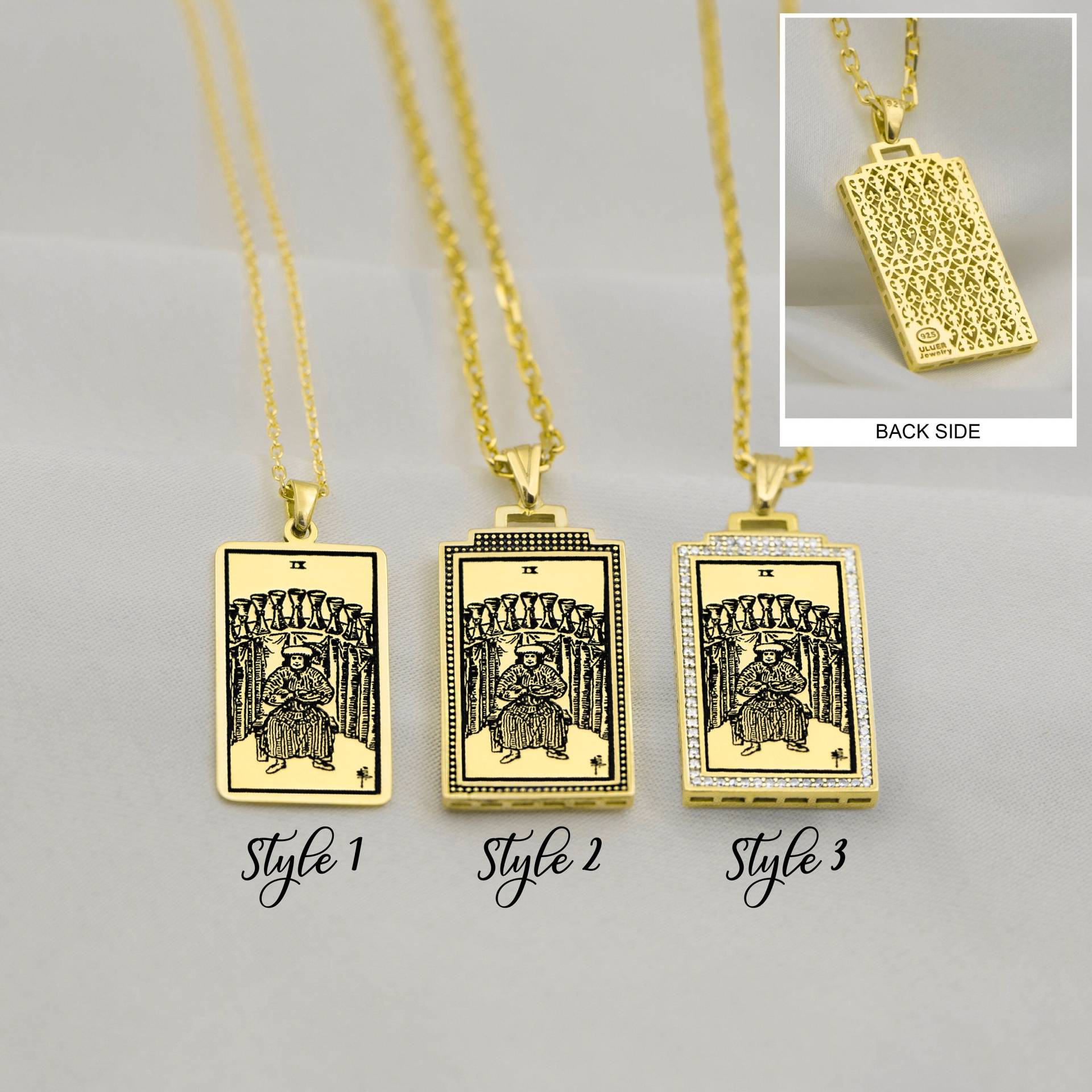 Tarot Karte Halskette Silber Neun Tassen - Charms Gold Sterling Anhänger Geschenke Geschenk Für Sie, Ihn Von Uluer Jewelry von BYDEMIRULUER