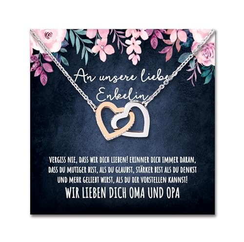 An unsere liebe Enkelin Halskette mit personalisierter Karte und LED Box Kette mit Zirkonia für die Enkeltochter zum Geburtstag Weihnachten (Rosé Gold | Blau | LED Box) von BYLITZ