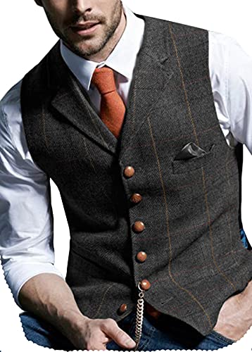 BYLUNTA Business Herren Tweed Weste Herringbone Vintage Hochzeit Wolle Plaid Retro Business S-3XL(Schwarz,L) von BYLUNTA