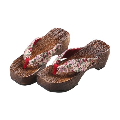 Clogs Japanische Traditionell Holz Schuhe,Flip Flop Japanische Holz Clogs Hausschuhe,Clip Füße Vielseitige Clogs Damen High Heel Dicke Sohle Hausschuhe(Size:EU 37,Color:Pink) von BYWXW