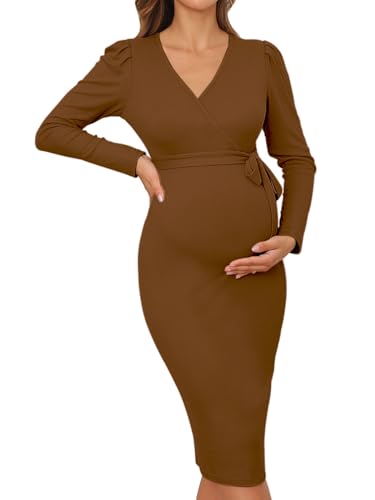 BZB Langärmeliges Umstands-Pullover-Kleid mit V-Ausschnitt, Puffärmel, gerippt, figurbetont, Midi-Schwangerschaftskleider für Fotoshooting, mit Gürtel, Braun, XX-Large von BZB