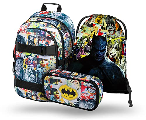 Baagl Schulrucksack Set Jungen Mädchen 3 Teilig, Schultasche ab 3. Klasse, Grundschule Ranzen mit Brustgurt, Ergonomischer Schulranzen (Batman Comics) von Baagl