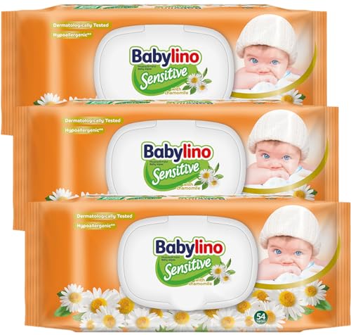 Babylino Sensitive Babytücher mit sanftem Kamillenduft, 98% natürliche Formel, die den pH-Wert der Haut wiederherstellt, 3 Packungen mit Frischhalteverschluss, 162 Tücher von Babylino