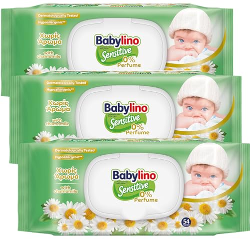 Babylino Sensitive Reinigungstücher für Neugeborene, 0% Duft, 98% natürliche Formel, die den pH-Wert der Haut wiederherstellt, 3 Packungen mit Frischhalteverschluss, 162 Tücher von Babylino