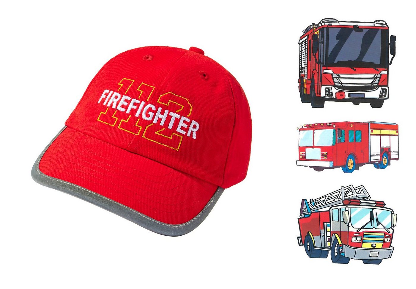 Baddery Baseball Cap Reflektoren Kappe Kinder - Firefighter (inkl. 3 Feuerwehrauto Sticker), Stick, One Size Einheitsgröße, Klett-Verschluss von Baddery